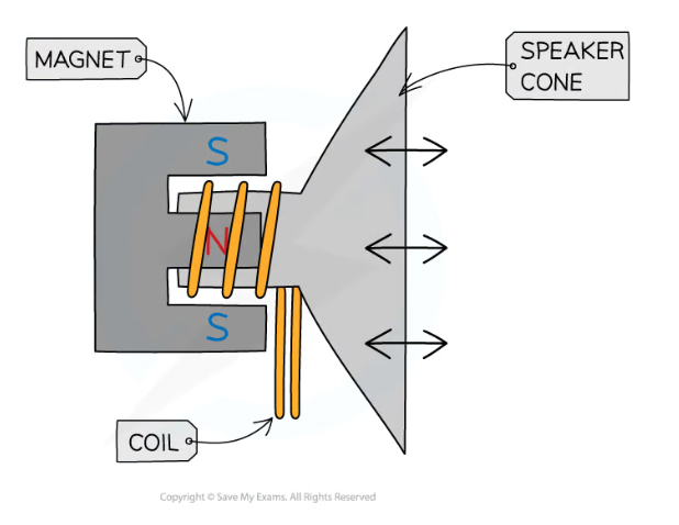 <ul><li><p>a.c. current passes through coil, creating a constantly changing magnetic field around the coil</p></li><li><p>this field interacts with the field from the permanent magnet, exerting a force on the coil, moving it back and forth (oscillation)</p></li><li><p>connected to speaker cone, which also oscillates, creating changes in pressure that are sound waves</p></li></ul>