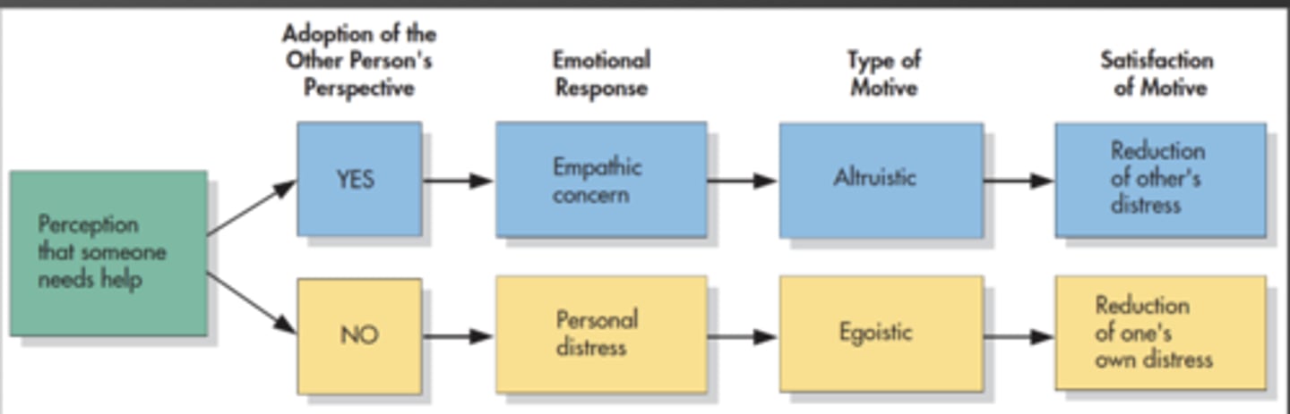 <p>The proposition that empathic concern for a person in need produces an altruistic motive for helping</p><p>- if person needs help -> empathetic concern -> alturistic</p><p>- if person doesn't need help -> personal distress -> egoistic</p>