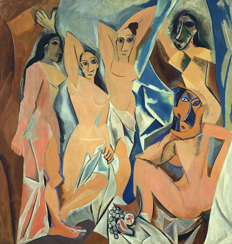 <p>This is a cubism painting and this is shown with the large amount of geometric shapes to shape these figures. This was a big shift of how bodies were shown in artworks as no human would exist like this in real life. The figures shown here are supposed to be prostitutes in a brothel. </p>