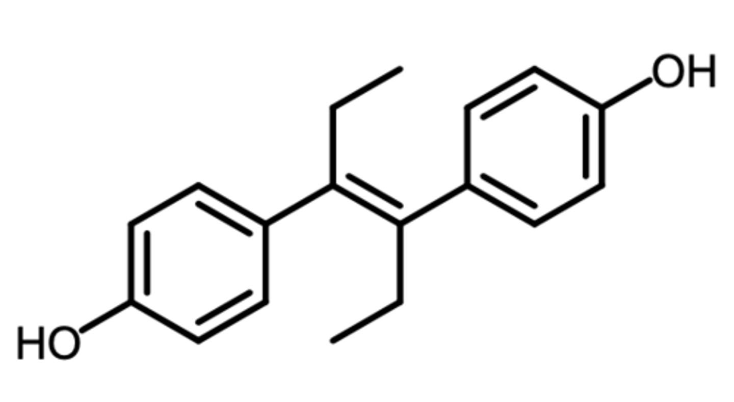 <p>(non steroidal estrogen)</p><p>DISCONTINUED due to causing severe birth defects + rare tumors</p><p>SAR: E-isomer is much more active </p><p>indication: reduce risk of pregnancy complications + losses</p>