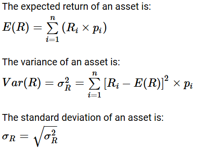 <ul><li><p><span>There is uncertainty associated with returns from shares</span></p></li><li><p><span>Assuming that we can assign probabilities to the returns expected</span></p></li><li><p><span>The sum of return of the product of return* probability</span></p></li><li><p><span>Risk is measured in terms of how much a particular return deviates from an expected return</span></p></li></ul><p></p>