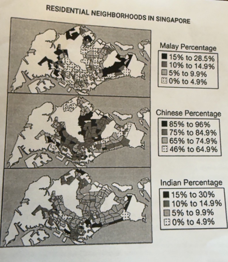 <p>Which of the following best describes the spatial pattern of ethnicity in Sinapore’’s neighborhoods?</p>