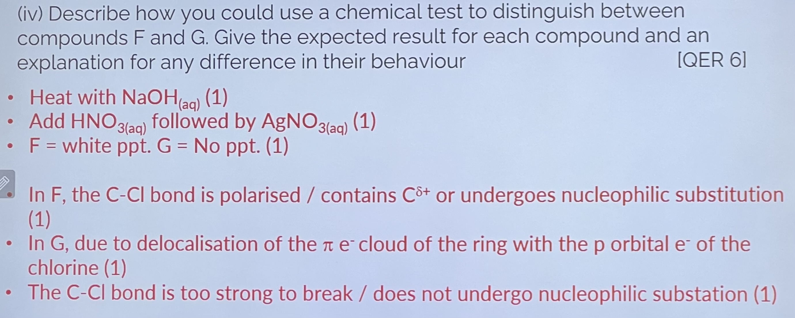 <p>Longer, weaker bonds in Chloromethyl benzene. Shorter stronger bond in 1,4-dichlorobenzene</p>