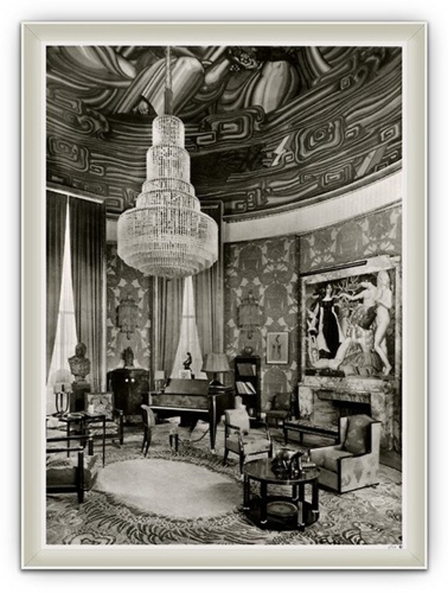 <p>Art Deco, 1925; Intnatl Expo of Art Deco</p><p>represent private house with wealthy lifestyle=progress, wealth is right around the corner!</p><p>similar to austrian nouvea/jugendstil: geometrical structure, symmetrical,</p><p>applied ornament: dancing figures=happiness; nature: plenitude=prosperity</p><p>Salon of an art collector: experience of being wealthy</p>