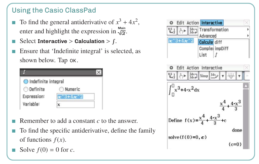 <ul><li><p class=""><strong>Antidifferentiation: </strong>Finding a function from its derivative.</p></li><li><p class="">Functions with the same derivative differ by a constant (vertical shifts).</p></li></ul><p class=""><strong>Rules:</strong></p><ul><li><p class="">If F'(x) = f(x), then ∫f(x) dx = F(x) <strong><u>+ c (differentiation lose components; any constant)</u></strong>.</p></li><li><p class="">Reverse power rule:<strong> ∫xⁿ dx = xⁿ⁺¹ / (n + 1) + c, for n ≠ -1.</strong></p></li><li><p class="">Linearity:</p><ul><li><p class="">∫[f(x) + g(x)] dx = ∫f(x) dx + ∫g(x) dx</p></li><li><p class="">∫[f(x) − g(x)] dx = ∫f(x) dx − ∫g(x) dx</p></li><li><p class="">∫k f(x) dx = k ∫f(x) dx (k constant)</p></li></ul></li></ul><p class=""><strong>Finding specific antiderivatives (with initial conditions):</strong></p><ul><li><p class="">Use general ∫f'(x) dx + c</p></li><li><p class="">Plug known point to solve for c</p></li><li><p class="">Example: f'(x) = 5x, f(0) = 6 → f(x) = 5x²/2 + 6</p></li></ul><p class=""><strong>Examples:</strong></p><ul><li><p class="">∫3x⁵ dx = 3 × (x⁶ / 6) + c = (1/2) x⁶ + c</p></li><li><p class="">∫(3x² + 4x³ + 3) dx = x³ + x⁴ + 3x + c</p></li><li><p class="">Find f(x) if f'(x) = x³ + 4x² and f(0) = 0:</p><ul><li><p class="">∫(x³ + 4x²) dx = x⁴/4 + 4x³/3 + c</p></li><li><p class="">Use initial condition f(0) = 0 → c = 0</p></li><li><p class="">So f(x) = x⁴/4 + 4x³/3</p></li></ul></li></ul><p></p>