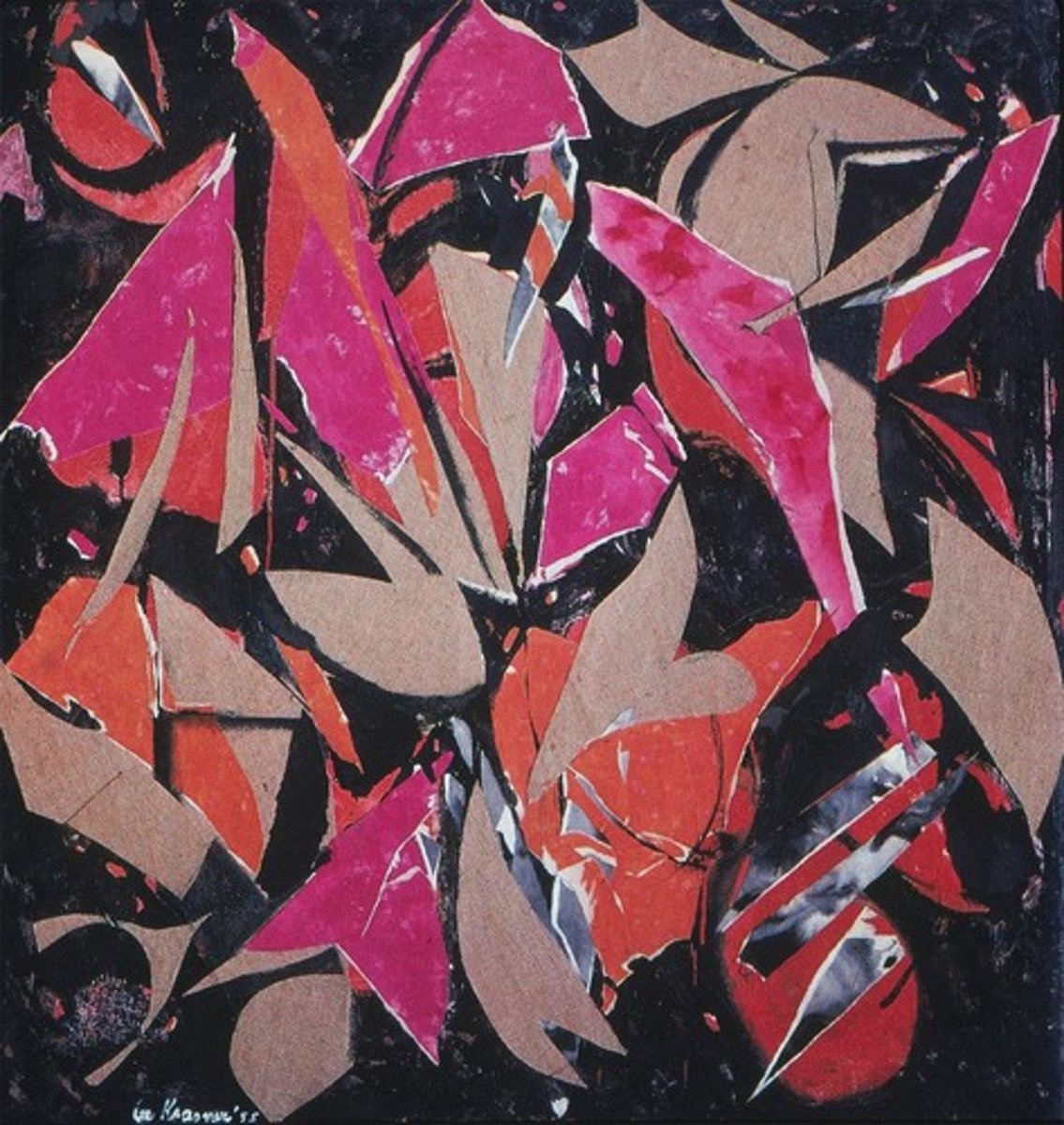 <p>A collage painting utilizing torn scraps from her own discarded drawings, reflecting her "action painting" approach.</p>