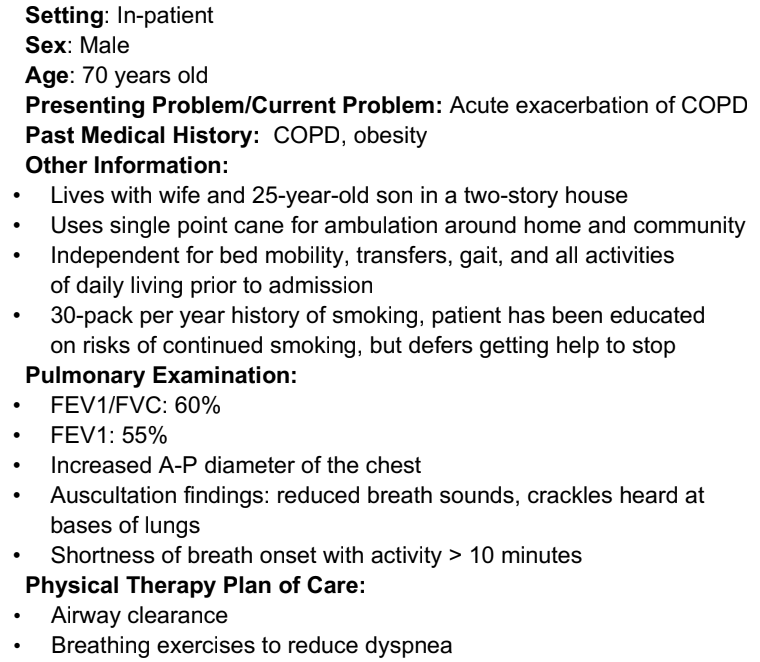 <p>According ot the GOLD classification, how would a PT classify the patient’s severity of COPD?</p><ol><li><p>very severe</p></li><li><p>severe</p></li><li><p>moderate</p></li><li><p>mild</p></li></ol><p></p>