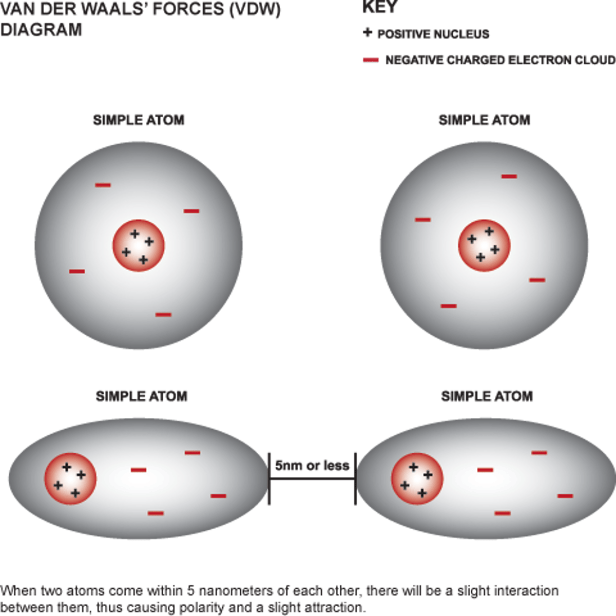<p>Van der Waal forces when two opposing temporary dipoles are next to one another.</p><p>Temporary dipoles form when the cloud of electrons dominate on one side to create a temporary negative charge and there is a deficit of electrons on the other side creating a positive charge.</p><p>This only occurs over small distances.</p><p>This is a force universal for solids</p>