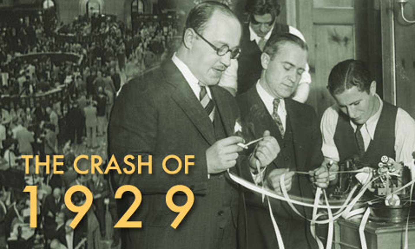 <p>A boom stock market of 1928 led to a sell off starting in October 1929. Within three years the stock market would decline to one-ninth of its peak. (p. 497)</p>