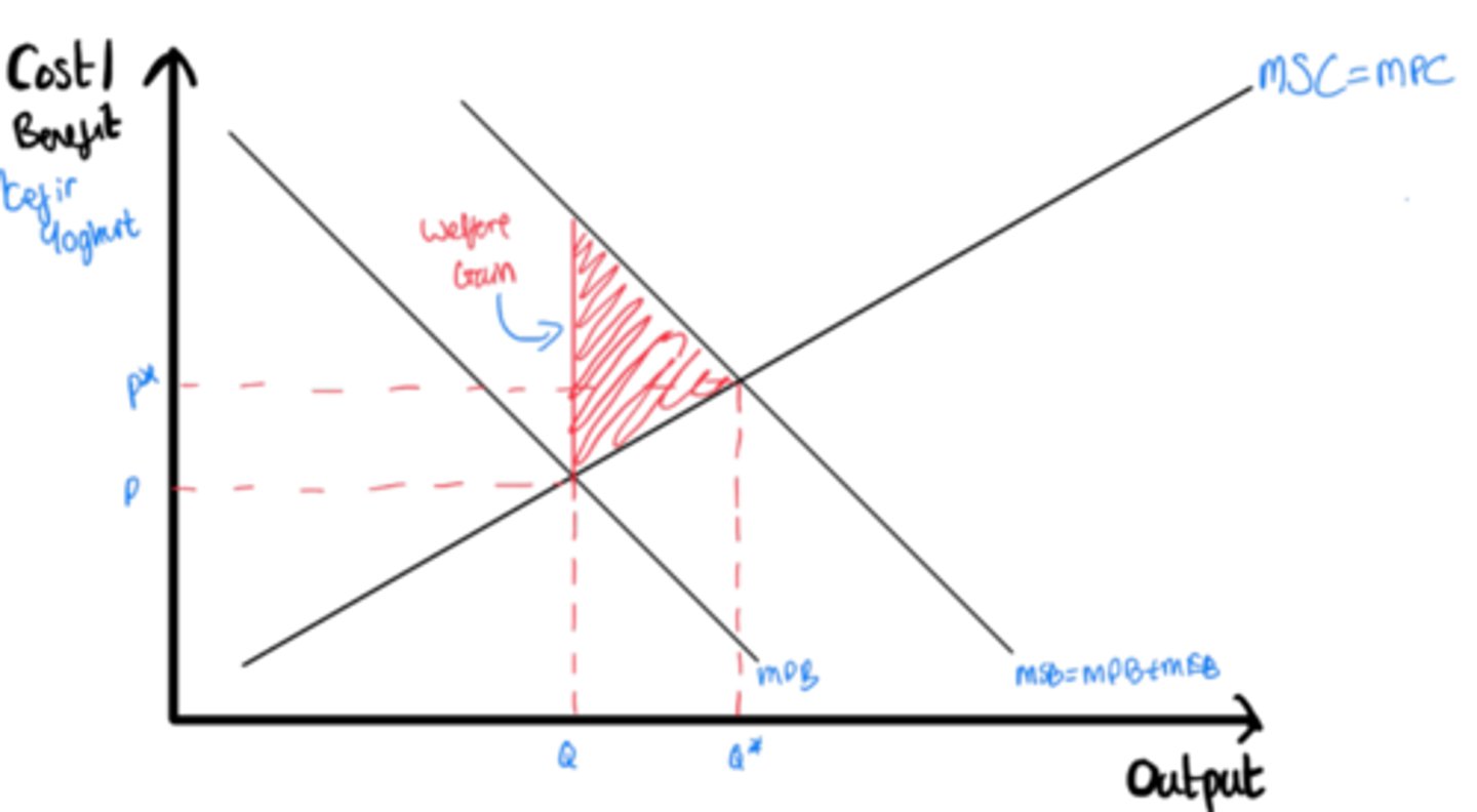 <p>- Consumption causes private benefits such as...</p><p>- Also causes external benefits such as... for... who are not directly involved.</p><p>- In the free market, Q is consumed since MPB=MPC</p><p>- External benefits mean that MSB&gt;MPB as in diagram</p><p>- Socially optimum level of output includes all costs and benefits</p><p>- This occurs at Q* where MSB=MSC</p><p>- The free market causes underconsumption and welfare loss shown in the area shaded.</p>
