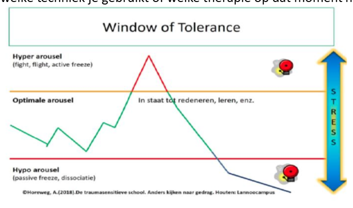<ul><li><p>Groen = goed functioneren, ookal ervaar je stress.</p><ul><li><p>teveel stress → Hyperarousal</p></li></ul></li><li><p>Oranje = Hyperarousal</p><ul><li><p>fight</p></li><li><p>flight</p></li><li><p>active freeze</p></li></ul></li><li><p>Rood = Hypo arousal</p><ul><li><p>dissociatie</p></li><li><p>verstarren als gevolg van onverdraaglijke stress. </p></li></ul></li></ul><p></p>