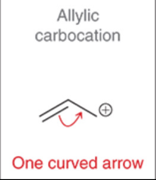 <p>One curved arrow showing the movement of $$ \pi $$ electrons from the double bond to the adjacent $$ C^+ $$ (carbocation), resulting in the relocation of the double bond and the positive charge to a different carbon atom, thus stabilizing the carbocation through resonance.</p>
