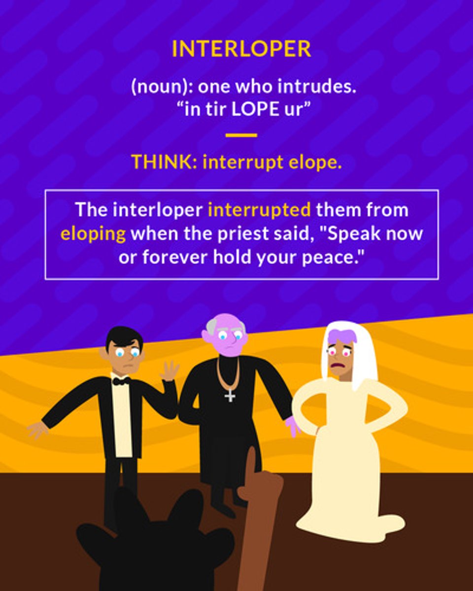 <p>one who moves in where he or she is not wanted or has no right to be, an intruder</p><p>(noun) an intruder</p>
