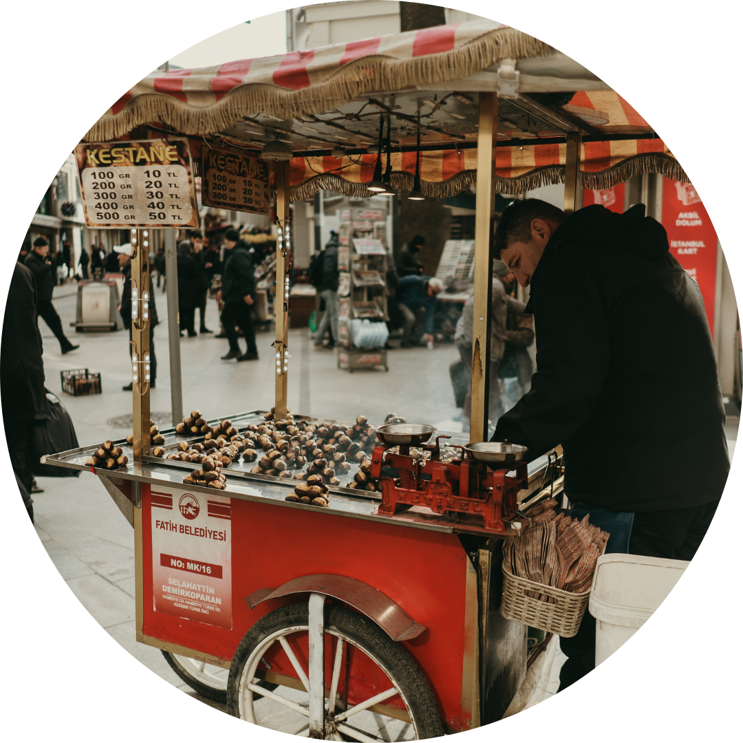 <p><strong>= street sellers</strong></p><p></p><p>Street vendors are busy selling delicious snacks.</p>