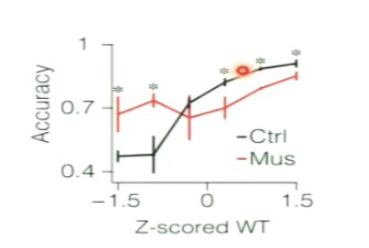 <p>time investment no longer carries much information about the accuracy of the decision</p><p>deficit in metacognitive accuracy</p><ul><li><p>how long they wait is unrelated to how accurate they were on that trial</p></li></ul><p></p>