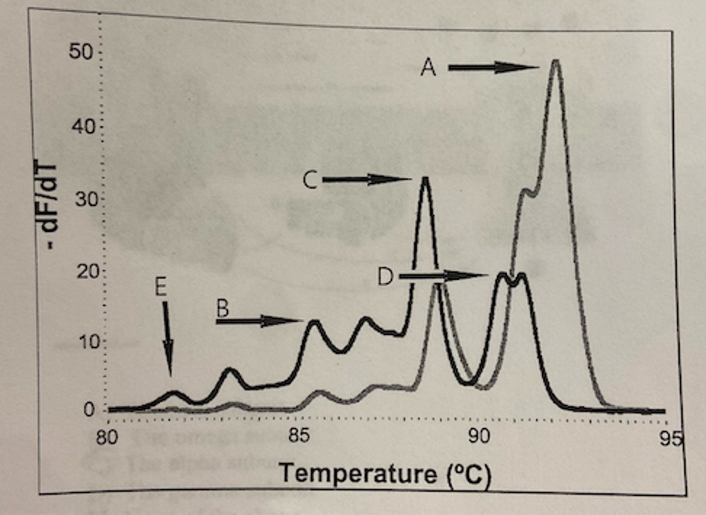 <p>The peak labeled B has the next highest amount of A-T compared to G-C base pairs</p>