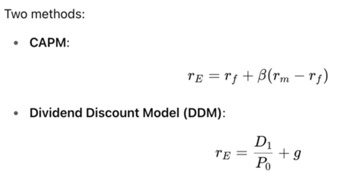 <p>the return shareholders require for investing in the company</p><p>- to find Re we take the risk free return and add some risk to it</p><p>- use CAPM</p>