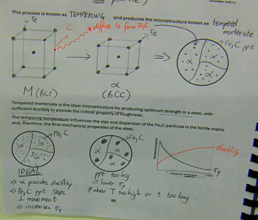 <ul><li><p>martensite has a BCT structure with no slip systems, which means it is very hard and strong, but extremely brittle</p></li><li><p>however, martensite is also a metastable phase, it does not appear on the Fe-C phase diagram</p><ul><li><p>will form&nbsp;α + Fe<sub>3</sub>C if solid state diffusion is allowed</p></li></ul></li><li><p>what equilibrium phase should there be under eutectoid temperature:</p><ul><li><p>M (BCT) →&nbsp;α + Fe<sub>3</sub>C (not pearlite)</p></li><li><p>this process is known as tempering and produces the microstructure known as tempered martensite</p></li></ul></li><li><p>tempered martensite is the ideal microstructure for producing optimum strength in a steel, with sufficient ductility to provide the critical property of toughness</p></li><li><p>the tempering temperature influences the size and dispersion of the Fe<sub>3</sub>C particles in the ferrite matrix and, therefore, the final mechanical properties of the steel</p></li></ul><p></p>
