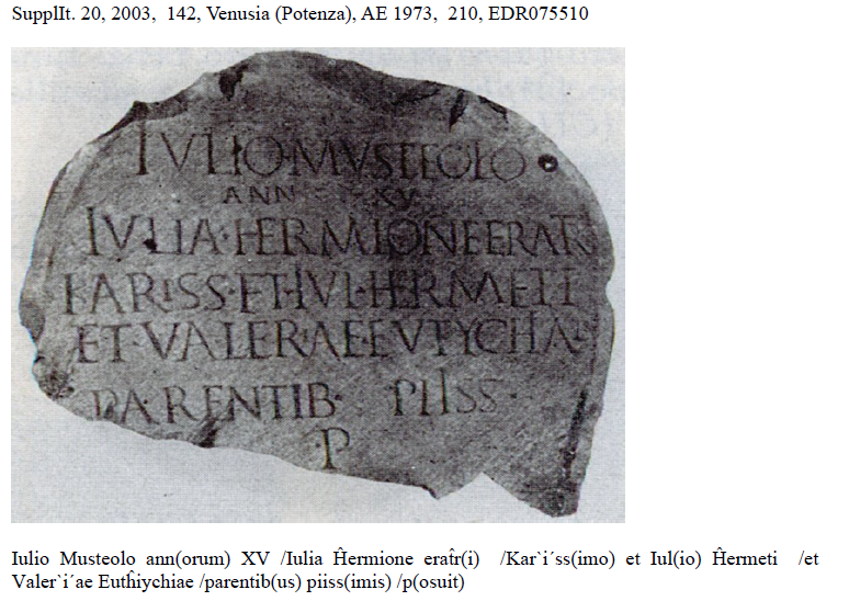 <p>Suppllt. 20, 2003, 142, Venusia (Potenza), AE 1973, 210</p>