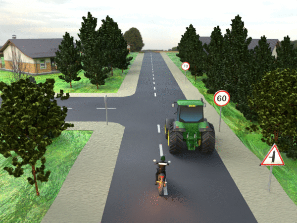 <p>can the motorcyle driver overtake the tractor? look at the signs </p>