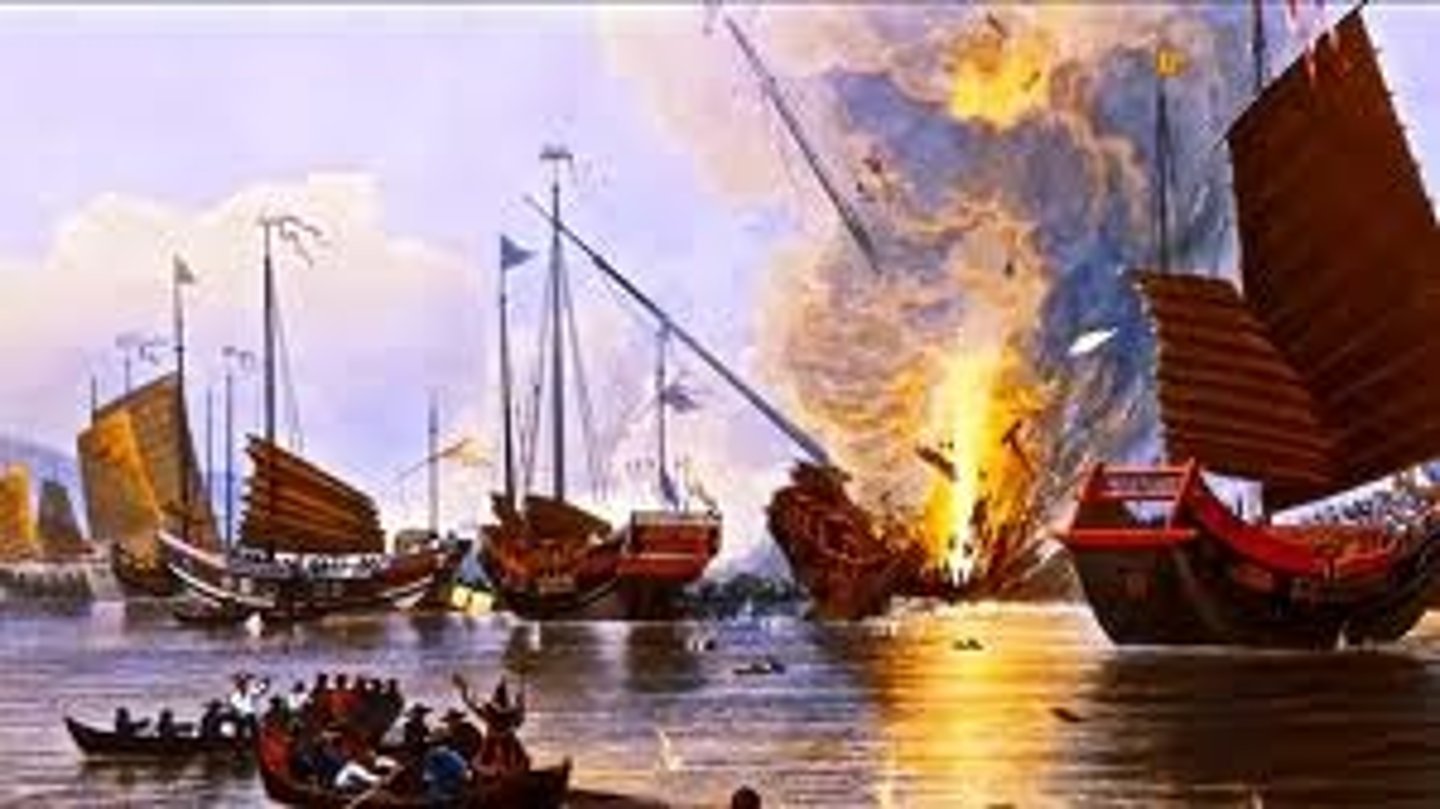 <p>The wars between China and Britain. Britain faced an imbalance of trade with China over silk and tea, so Britain sold opium to the Chinese. The Chinese foreign minister Lin Xezu closed the ports. This led to Britain attacking the Chinese fleet for access. The result was the Treaty of Nanking, in which Britain got access to Chinese ports and control of Hong Kong.</p>