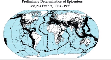 <p>Plotting all the earthquakes and volcanoes that are active around the world scientist can determine</p>