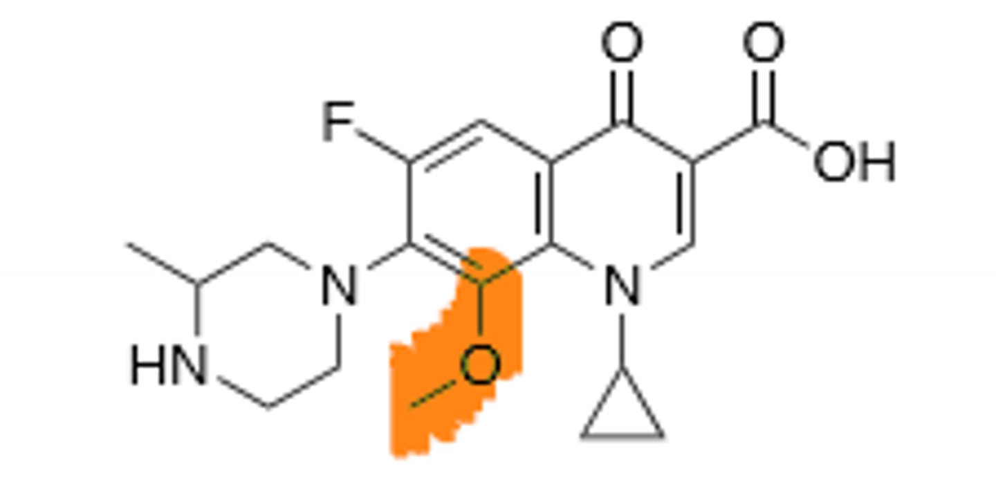 <p>New quinolone, approved for oral or IV use, improved activity against gram (+), but still hits gram (-). Inhibits DNA gyrase and topoisomerase IV in bacterial DNA production. Rare hallucinations, delirium, and sezirues in patients also taking NSAIDs and theophylline, don't give under the age of 18 due to growing tendons, risk of tendon rupture main resistance is point mutations in A and B subunit of DNA gyrase, leading to decreased binding affinity of quinolones to DNA gyrase. Associated with hypoglycemia and hyperglycemia in diabetic patients.</p>