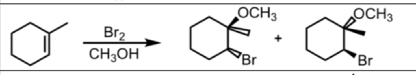 <p>Alkene to Alkane</p><p>Bromination formation</p><p>Trans addition of Br and OCH3</p>