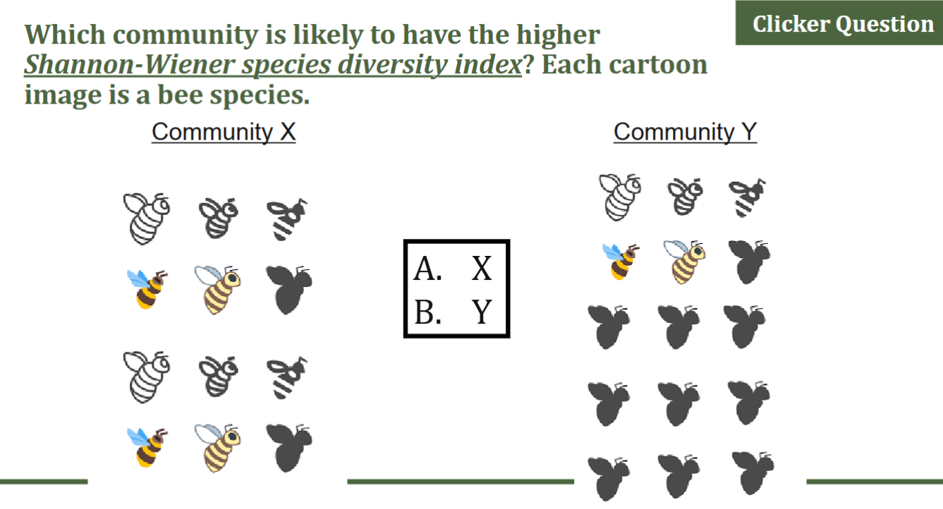 <p><span style="color: rgb(0, 0, 0);">Which community is likely to have the higher Shannon-Wiener species diversity index? Each cartoon</span><span style="color: rgb(0, 0, 0);"><br></span><span style="color: rgb(0, 0, 0);">image is a bee species.</span></p>