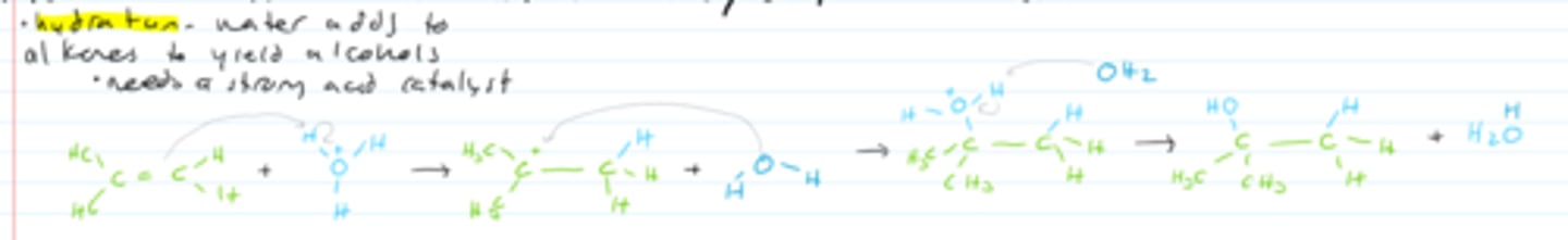 <p>water + alkene = alcohol<br><br>→ need high temps</p>