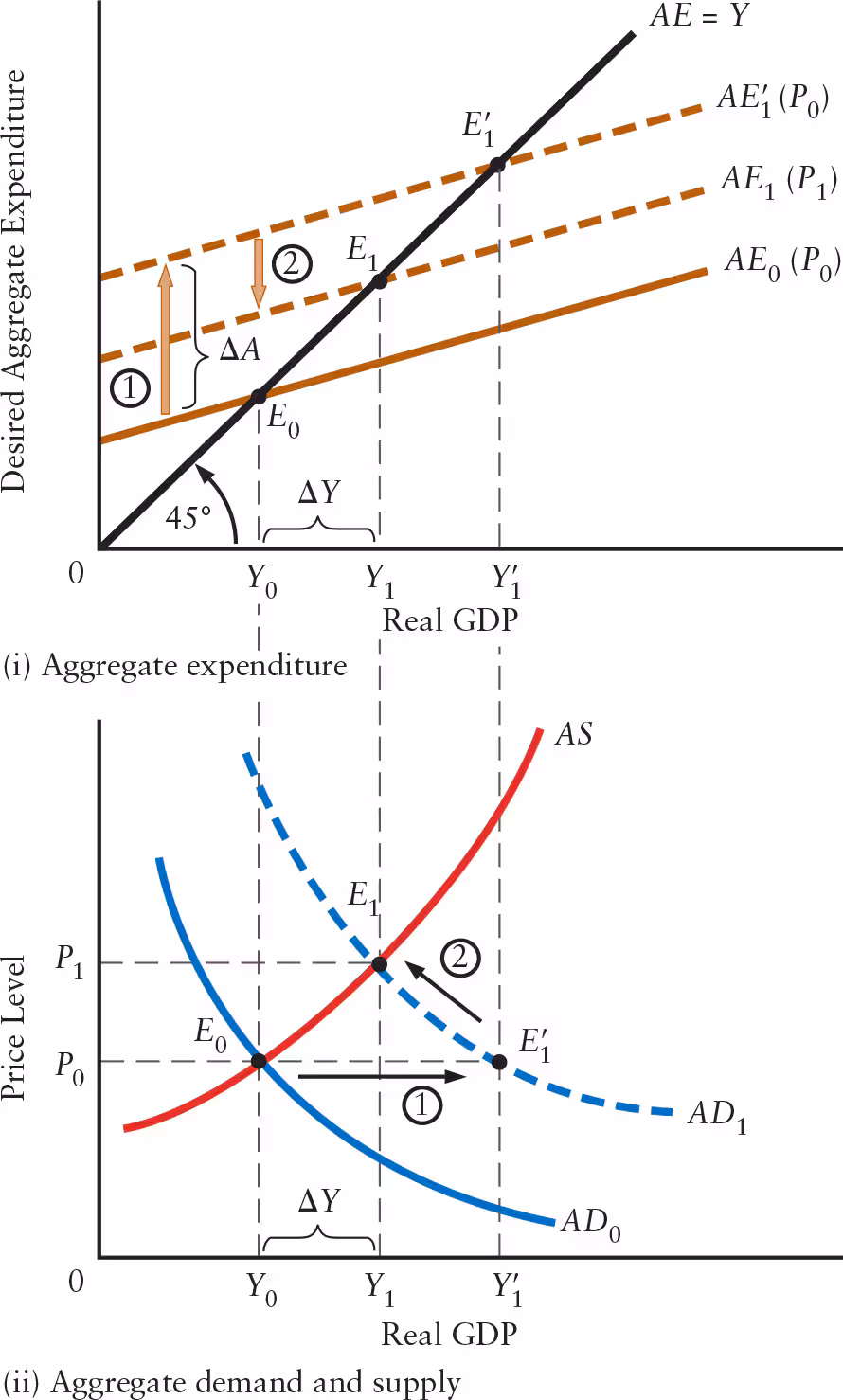 <ul><li><p>An increase in autonomous expenditure shifts the <strong>AE curve upward</strong> and the <strong>AD curve to the right</strong> (horizontal shift)</p></li><li><p>A rise in the price level (from P<sub>0</sub> to P<sub>1</sub>) causes a decrease in net exports and desired consumption, leading to a <strong>downward shift in the AE curve</strong> and a <strong>movement upward and to the left along the AD curve</strong></p><ul><li><p>This counteracts the initial rise in real GDP, reducing the size of the multiplier </p></li></ul></li></ul><p></p>
