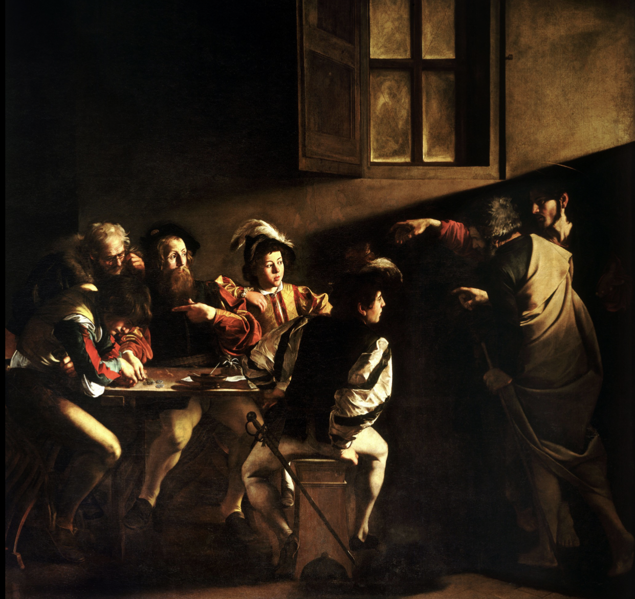 <ul><li><p>Caravaggio, 1600, oil on canvas, Rome</p></li><li><p>Due to his use of naturalism and lack of idealization, most of his church-commissioned pieces end up going to private collectors since church didn’t want non-idealized figures</p></li><li><p>Individual being called to convert to Christianity</p><ul><li><p>But unusually set in dark alleyway with Christ shown in red in shadow</p></li></ul></li><li><p>Anti-mannerist, thus very dark</p></li><li><p>Christs hand recalls Adam’s in C<em>reation of Adam</em>, christ aka second Adam</p><ul><li><p>Sees natural world as vehicle for spiritual meaning, trying to bring viewers into painting</p></li></ul></li><li><p>More accessible since doesn’t require advanced knowledge and shows It more achievable to everyday person</p></li><li><p>Matthew is either guy pointing at himself or guy hunched over counting coins</p></li><li><p>Reinvents biblical narrative with tenebrism, grittiness, baroque diagonal, and naturalism/humanism</p></li></ul>