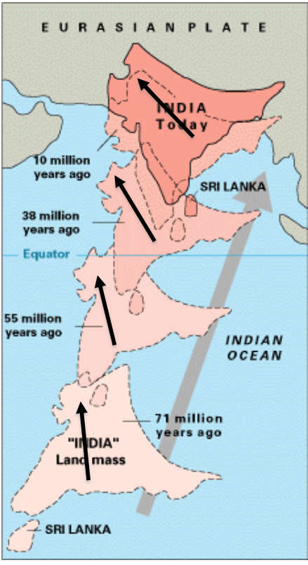 By sampling rocks from the Jurassic to the present on the Indian Subcontinent for the magnetic direction, inclination, and age, geologists have determined:


1. India changed latitude from deep in the southern hemisphere to its current position in the northern hemisphere.
2. The speed that India moved (the rate of change). By measuring a sequence of remnant magnetism through time, geologists can also discover *rates* of positional change.
3. How India rotated through its latitudinal changes
