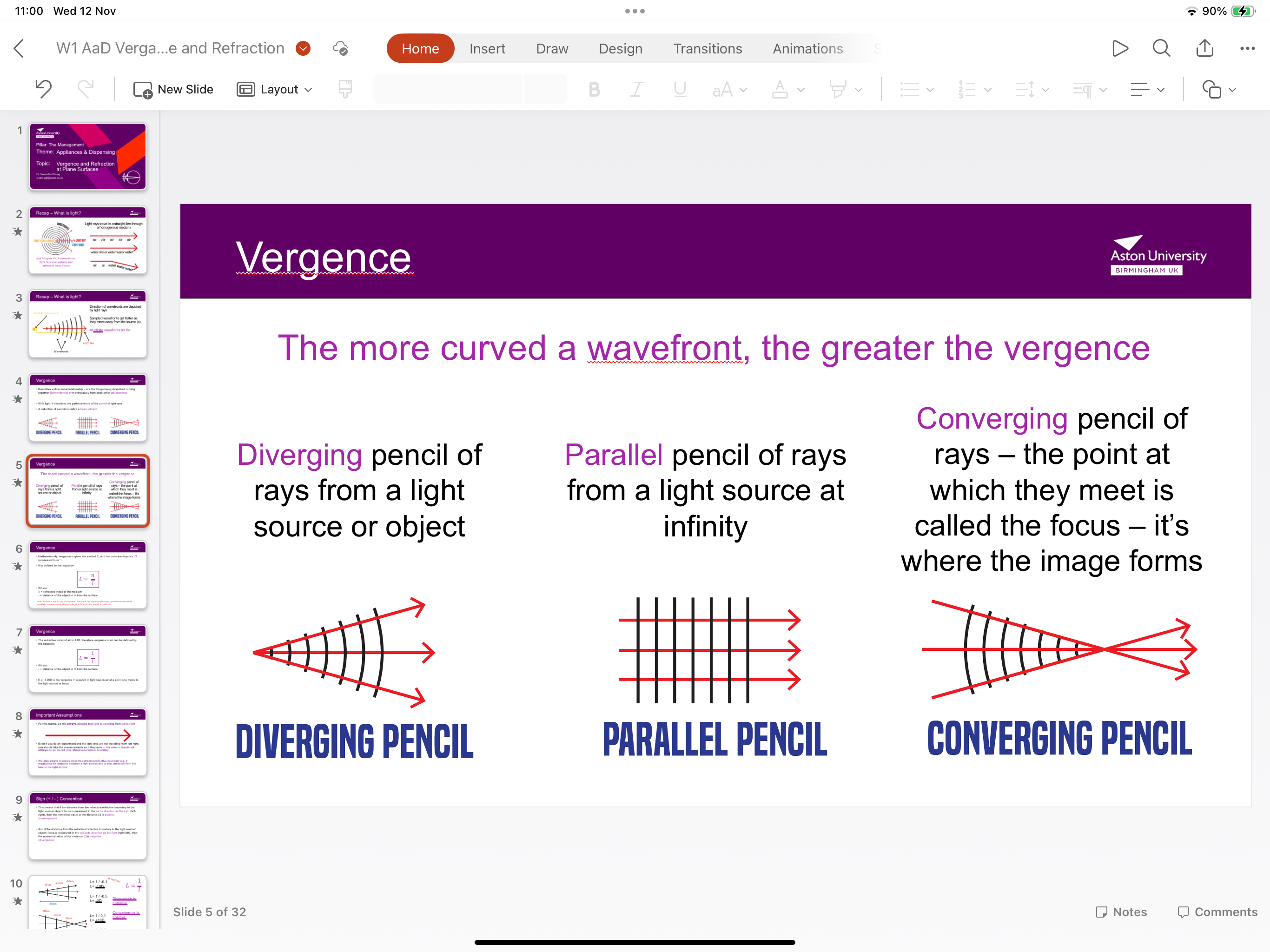 <p>The more curved the wavefront greater the vergence </p>