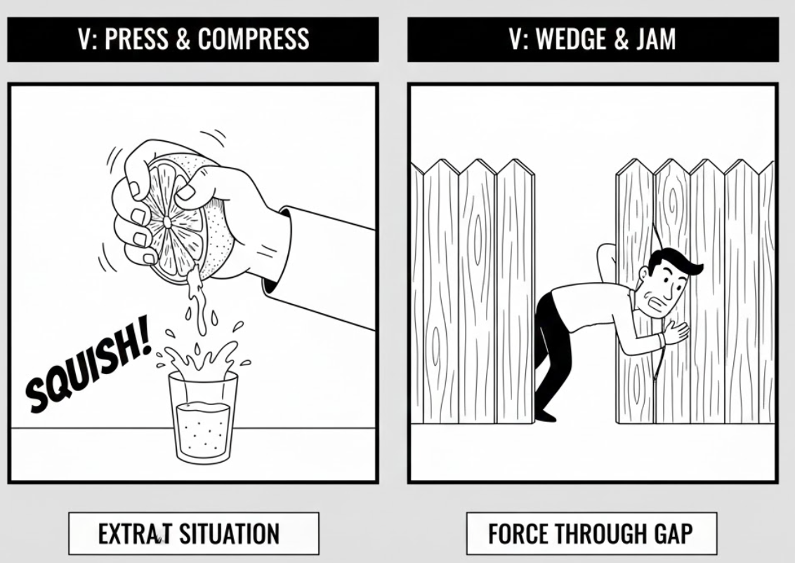 <ol><li><p></p></li></ol><p>Bóp, nắn, ép (để lấy nước hoặc áp lực).</p><ol start="2"><li><p></p></li></ol><p>Chen lấn, lách qua, nén vào không gian hẹp.</p><p>Dạng liên quan:</p><ul><li><p><strong>Squeeze through</strong> (Lách qua)</p></li><li><p> <strong>Squeeze in</strong> (Nhét vào/Tranh thủ thời gian)</p></li><li><p><strong>Squeezer</strong> (Máy ép)</p></li><li><p><strong>Squeezable</strong> (Có thể bóp được)</p></li></ul><p></p>