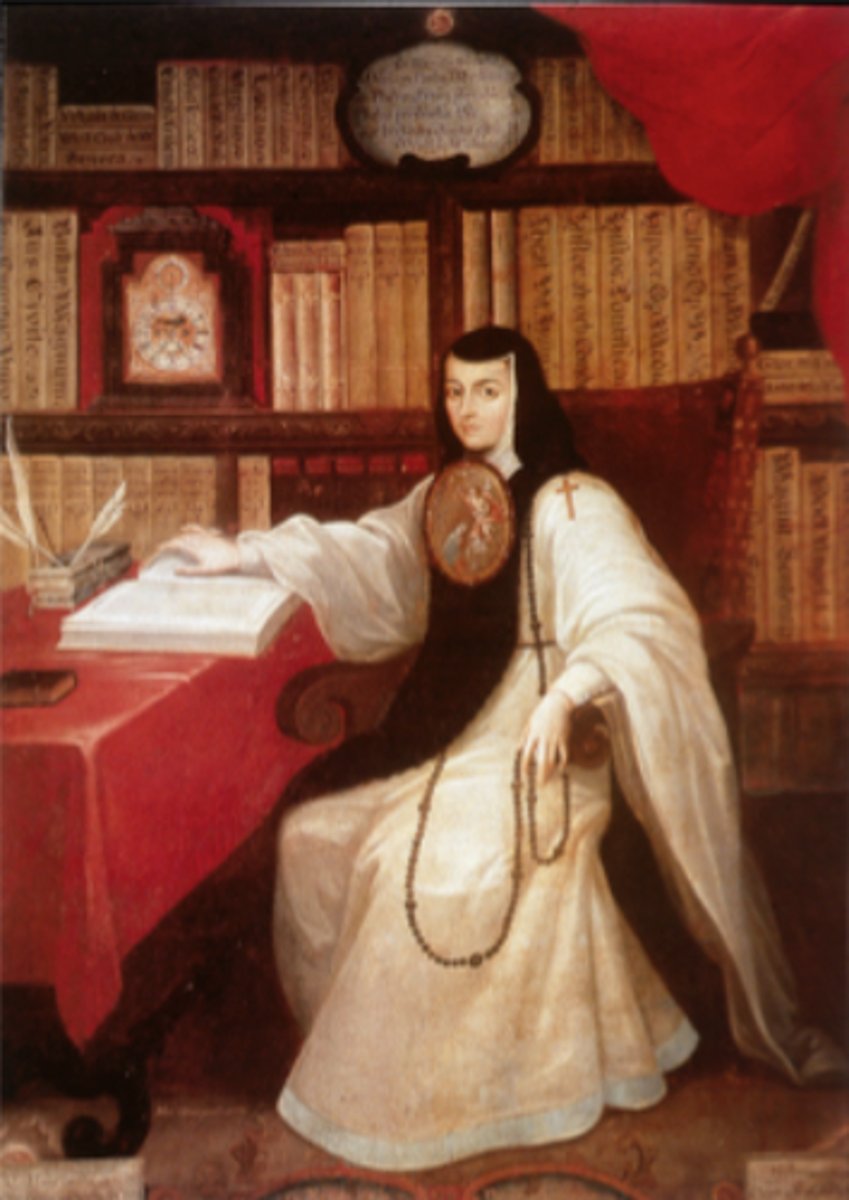 <p>Form:<br>- style: enlightenment<br>-baroque: billowing red curtain<br>-oil on canvas<br>Content:<br>-typical nun looks<br>-surrounded by books (educated)<br>-nun=sor<br>-wearing a shield<br>-has painting of Virgin Mary<br>-hold St. Jerome's translation of the Bible (her religious order is named after him)<br>-toys with rosary in her left hand<br>-gaze directly at viewer<br>-red curtains shows higher status<br>-woman taking on the clergy<br>Function:<br>-conveys religious and intellectual status<br>-feminist<br>Context:<br>-artist: Miguel Cabrera<br>-1750 CE<br>-location: Mexico City</p>