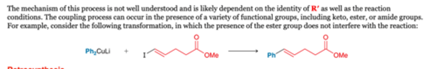 <p>-The coupling process can occur in the presence of a variety of functional groups, including keto, ester, or amide groups. For example, consider the following transformation, in which the presence of the ester group does not interfere with the reaction</p>