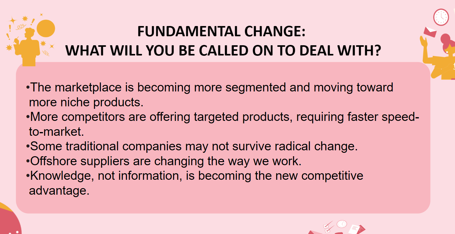 <ol><li><p>The marketplace is becoming more segmented and moving toward more niche products</p></li><li><p>More competitors are offering targeted products, requiring faster speed-to-market</p></li><li><p>Some traditional companies may not survive radical change</p></li><li><p>Offshore suppliers are changing the way we work</p></li><li><p>Knowledge, not information, is becoming the new competitive advantage</p></li><li><p>Employment landscape is shifting</p></li></ol><p></p>
