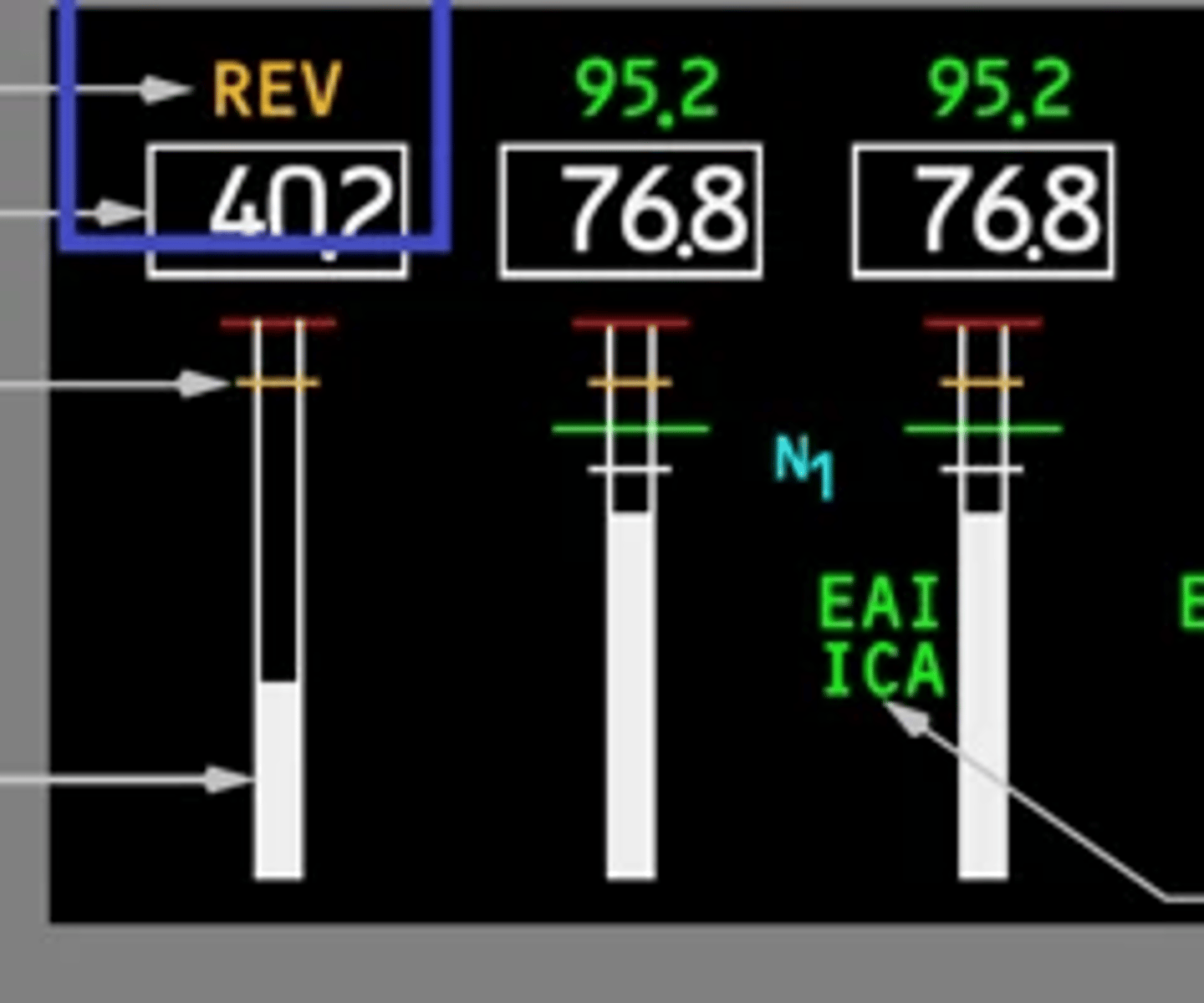 <p>Displayed REV (amber)—reverser in transit.</p><p>Displayed REV (green)—reverser fully deployed.</p>