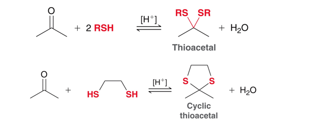 <p>Ketones/aldehydes in the presence of sulfur nueclophiles will form thioacetals and thiols will form cyclic thioacetals. </p>
