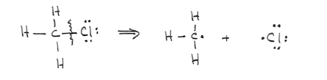 <p>Bond cleavage where each fragment takes one electron, producing two neutral atoms or radicals.</p>