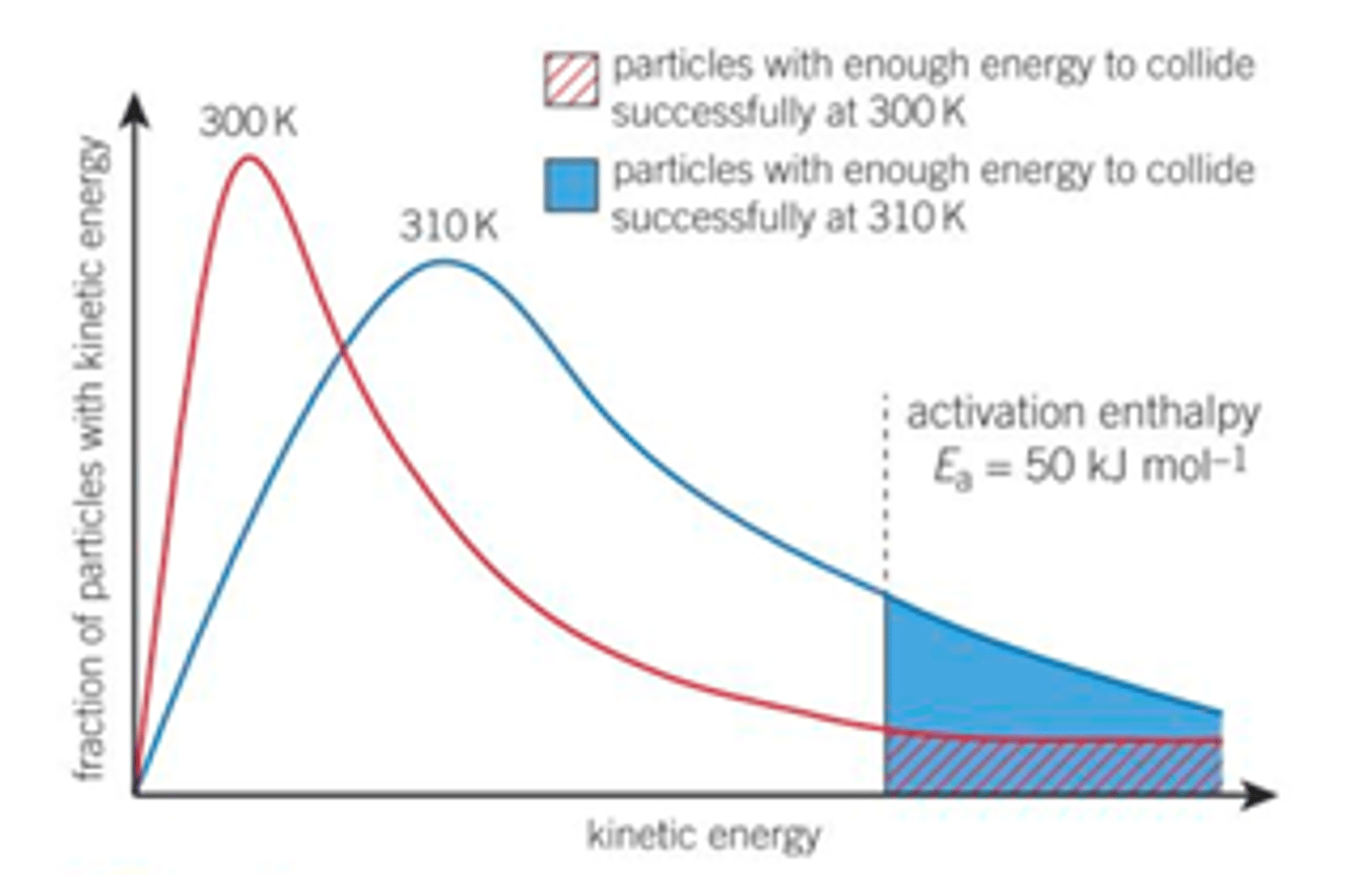 <p>At a higher temperature a higher proportion of molecules have energies above 50 kJmol-1</p>