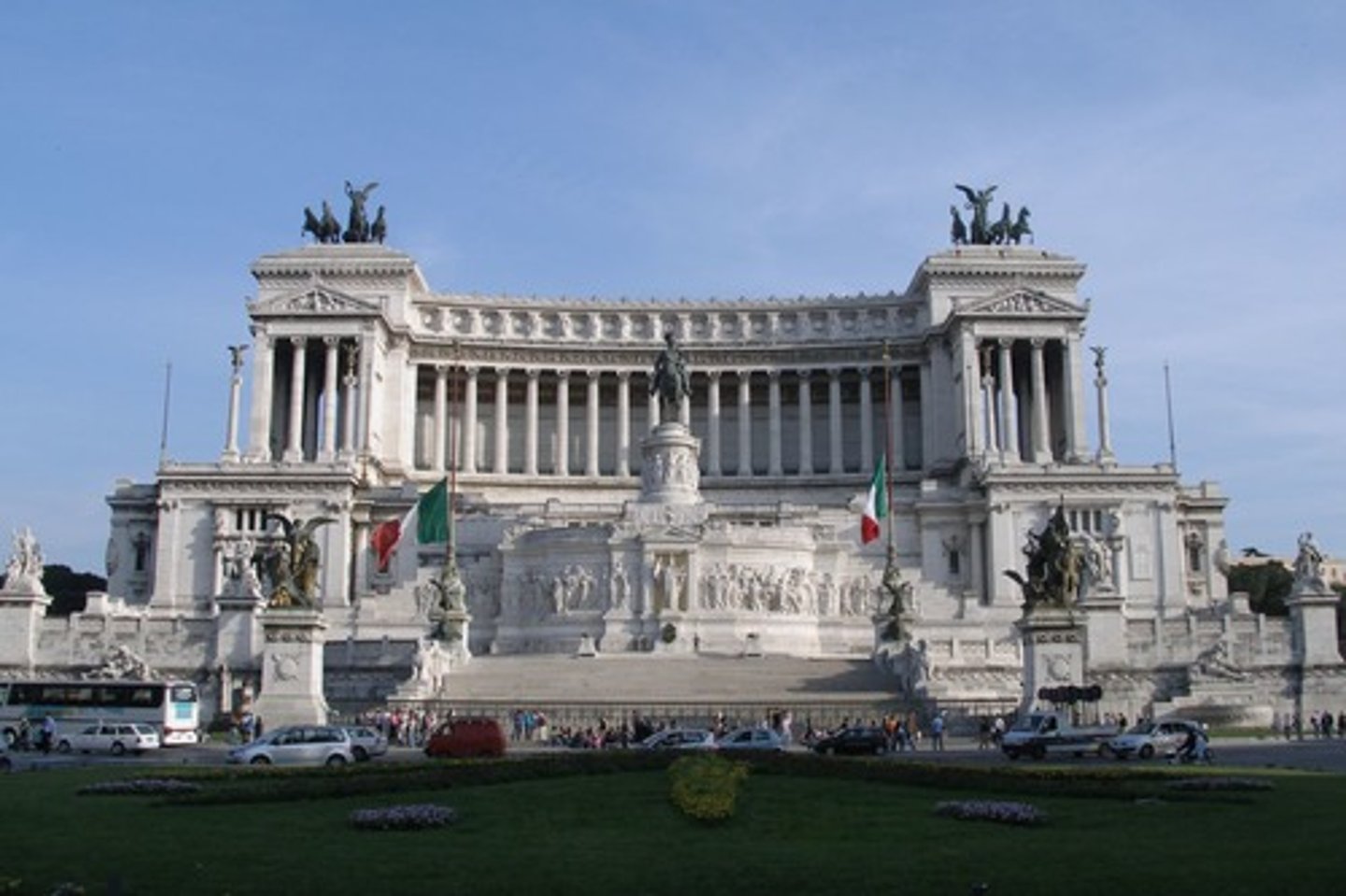 <p>Risorgimento, 1885-1911, Giuseppe Sacconi</p><p>Built on the site of the Piazza Venezia, which was relatively dense for a plaza. Area was razed and only the Palazzo Venezia remained, though it was disassembled and moved slightly. Covered in references to Italian and Roman history, frames Vittorio Emanuele as a new Roman emperor on horseback.</p>