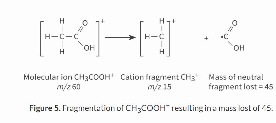 <p><em><span>m</span></em><span>/</span><em><span>z</span></em><span> of molecular ion − </span><em><span>m</span></em><span>/</span><em><span>z</span></em><span> of cation fragment =</span><br><span>&nbsp; &nbsp; &nbsp; &nbsp; &nbsp; &nbsp; &nbsp; &nbsp;&nbsp;mass of neutral fragment lost</span></p><p></p><p><span>For the peak at </span><em><span>m/z</span></em><span> 15, this would be:</span></p><p style="text-align: start"><span>mass of molecular ion (60) − mass of cation fragment (15) = mass of neutral fragment lost (45)</span></p>