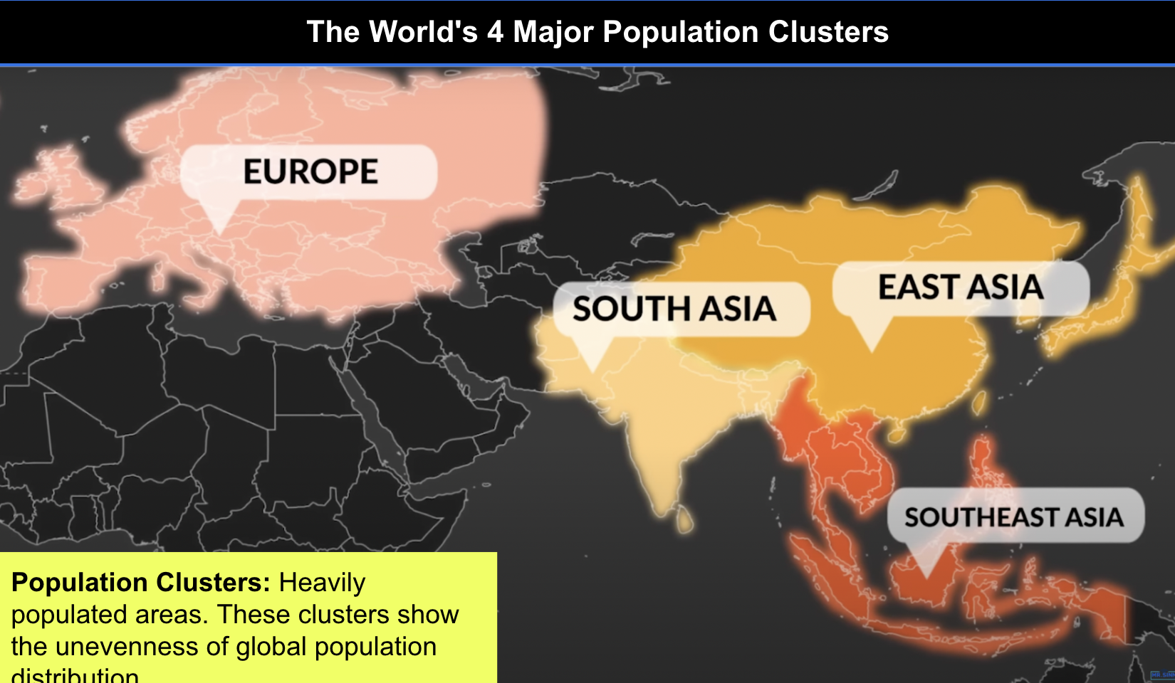 <p><span style="background-color: transparent;"><span>Heavily populated areas. These clusters show the unevenness of global population distribution.</span></span></p>