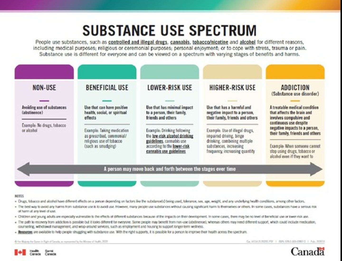 <p>-non use</p><p>-beneficial use</p><p>-lower risk use</p><p>-higher risk use</p><p>-addiction (substance use disorder)</p>