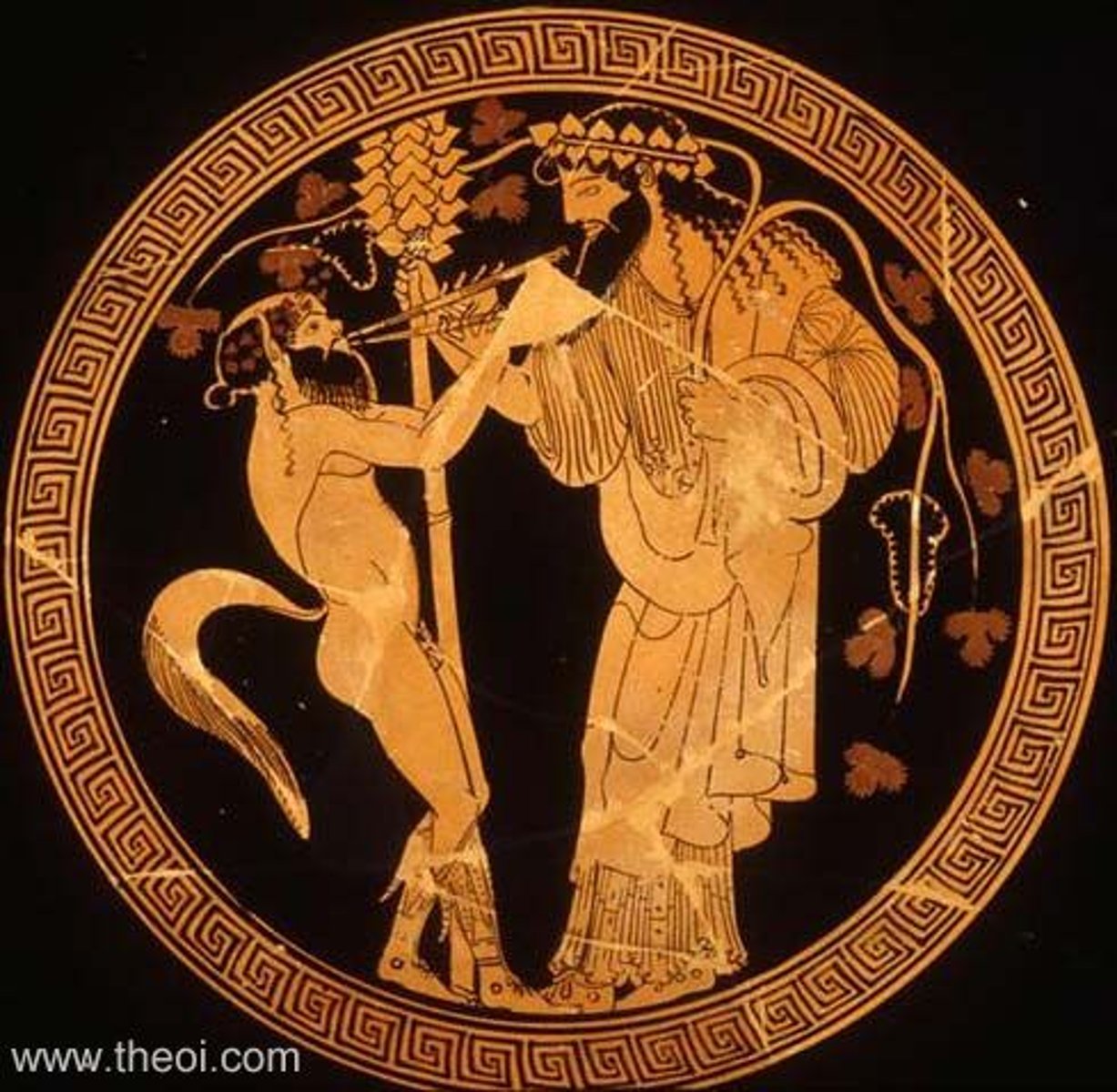 <p>Thyrsus - Staff tipped with pine, vines, animal skins</p><p>Often with his companions, the Maenads and satyrs</p><p>May be riding/chariot drawn by panther/tigers</p>