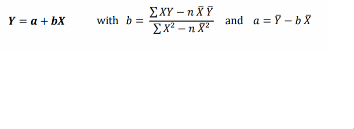 <ul><li><p>dependent variable Y = forecast </p></li><li><p>this forecast is assumed to be linearly related to an independent variable x </p></li><li><p>determine the parameters of the least squares straight line → min the sum of the squared errors </p></li><li><p>correlation coefficient r close to 1 or -1 → strong positive / negative linear relationship between X en Y </p></li><li><p>squared correlation coefficient r² close to 1 → regression line fits the data well</p></li></ul><p></p>
