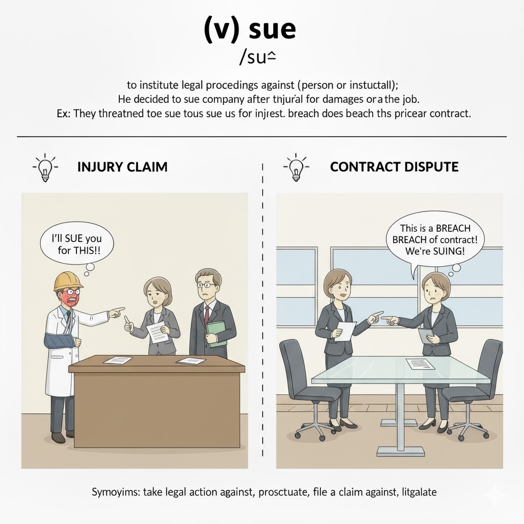 <p>To institute legal proceedings against a person or institution, typically for a financial or other claim; <strong>to take someone to court</strong>. </p><p>(Kiện, khởi kiện, đưa ai đó ra tòa để đòi bồi thường)</p>