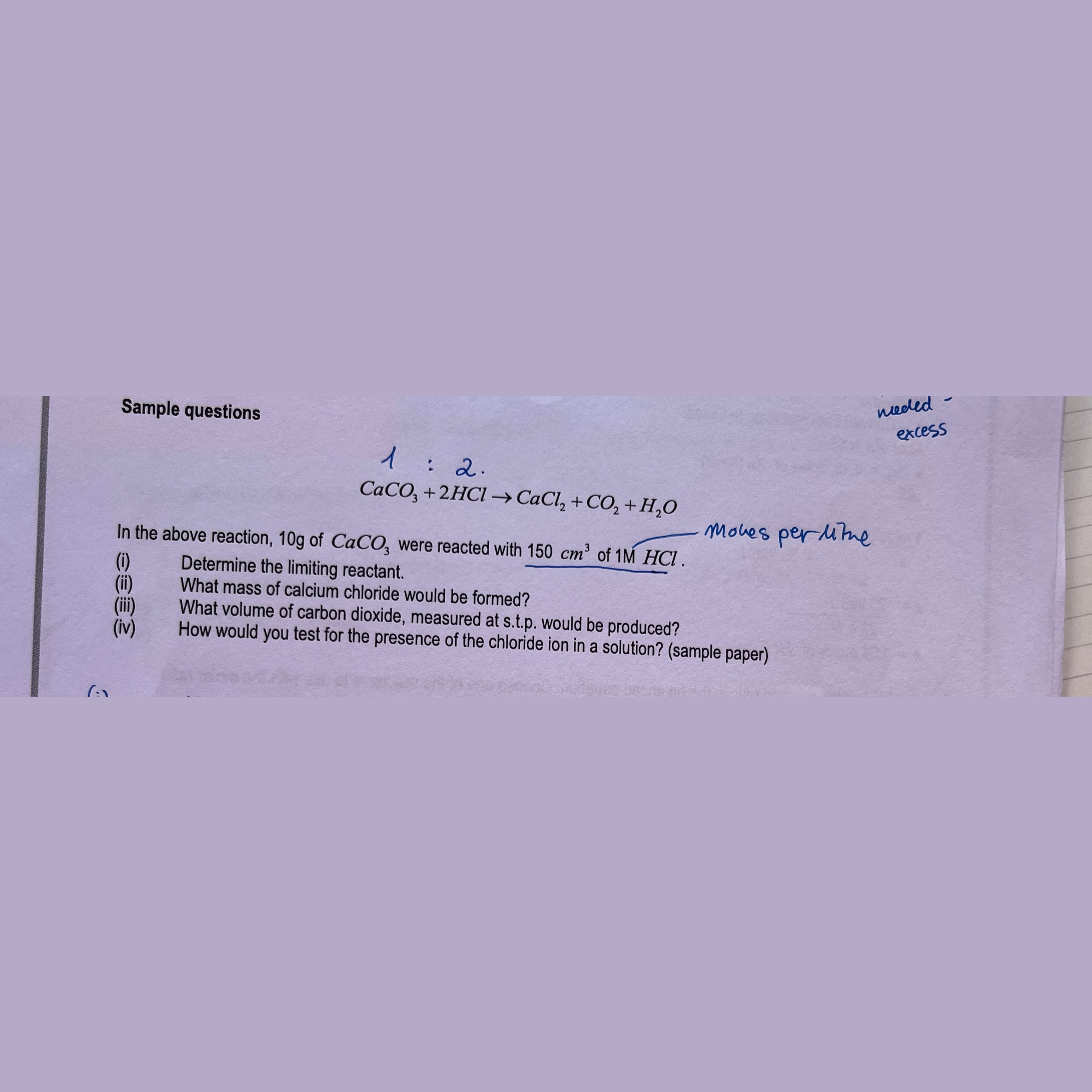 Answer Question (i) Determine the limiting reactant